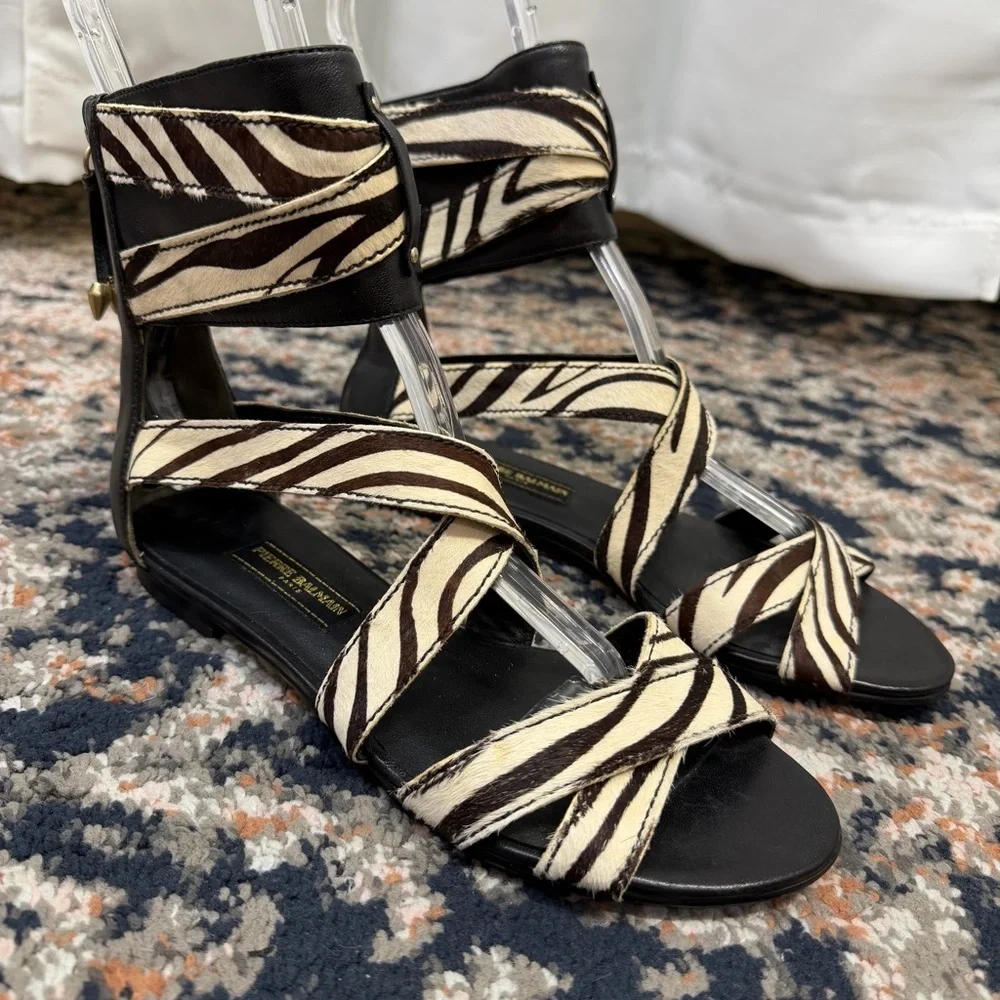 NWOT Pierre Balmain ‘Amelie’ Zebra Print Pony Hair Strappy Zip-Back Sandals Sz 6